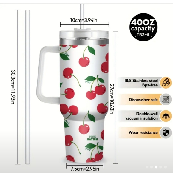Cherry Print Insulated Tumbler..Price Is Firm - Picture 3 of 5